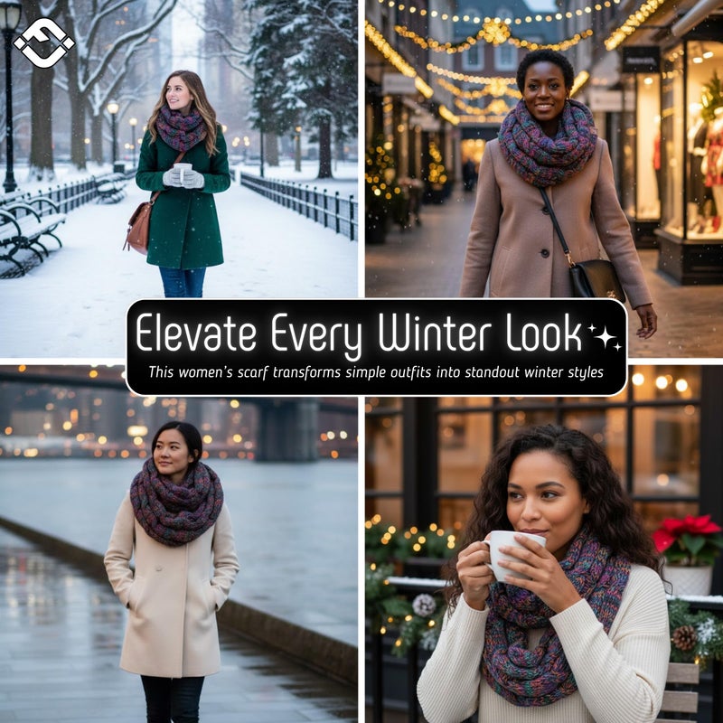 Funky Junque Infinity Scarf for Women â€“ Oversized Wrap, Chunky Layer, Colorful Sweater Accessory, Winter Styles, Fall Fashion - Jet Black Kaleidoscope Tricolor Mix - Image 5